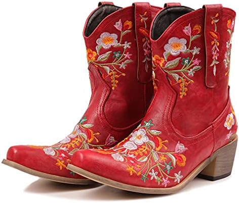 heelchic Women Vintage Flower Embroidered Cowgirl Boots Retro Short Western Ankle Boots