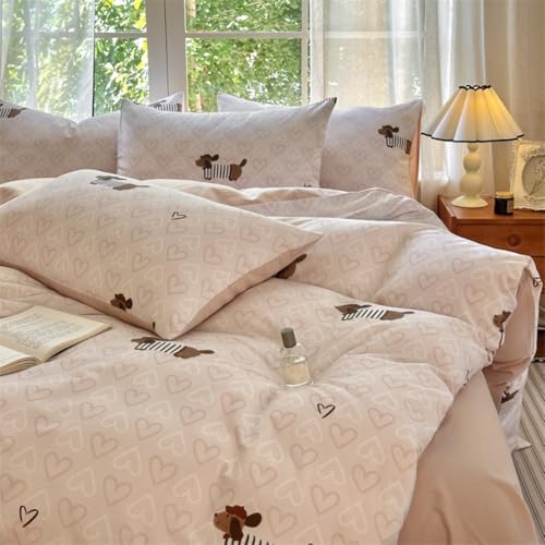 Image of Dachshund Duvet Cover Full Size Brown Dog Puppy White Pink Heart Reversible Comforter Cover Set 3 Pcs Kids Cute Soft Lightweight Microfiber Bedding Set with Zipper Closure and 2 Pillowcases