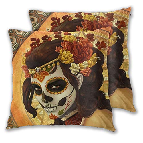 Ouqiuwa Day of The Dead Sugar Skull Girl s Face Art Painting Throw Pillow Covers Set of 2 18X18 Inch Square Decorative Pillowcase Cushion Cover for Home Couch Sofa Bed