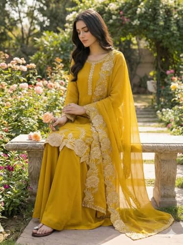 Image of Women's Embroidered Kurta Sharara Set with Dupatta | Festive Ethnic Wear Suit Set for Women | Full Sleeve Round Neck Traditional Outfit