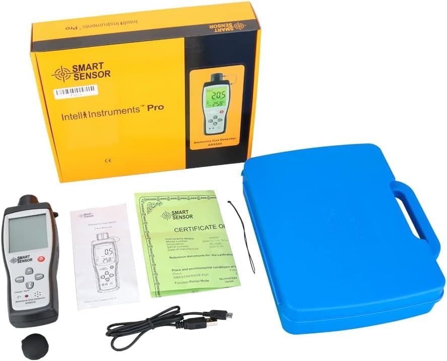 Contents of the AR8500 package including the detector, blue carrying case, USB cable, battery, manual, and calibration report.