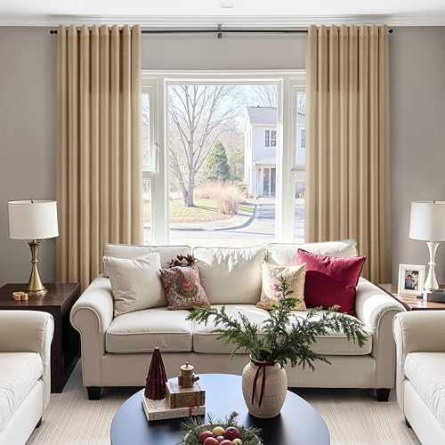 Image of Sand Beige Linen Curtains 84 Inches Long for Living Room Grommet Top Design Light Filtering Breathable Sheer Curtain Modern Farmhouse Semi Sheer Privacy Drapes for Bedroom Dining Room 52X84, 2 Panel