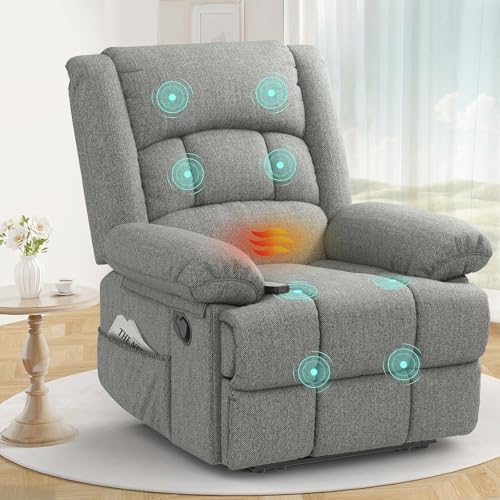 sisolos Recliner Armchair for Adults, Recliner Chair with Massage & Heat, Padded Armrest Adjustable Legrest Backrest, Manual Lazy Boy Reclining Chair for Living Room Sofa Chair with 2 Side Pockets