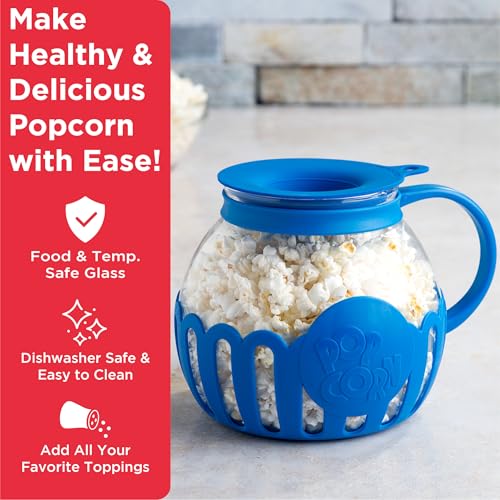 Image of Ecolution Patented Micro-Pop Microwave Popcorn Popper with Temperature Safe Glass,3-in-1 Lid Measures Kernels and Melts Butter,Made Without BPA,Dishwasher Safe,3-Quart,Blue,(Pack of 4)