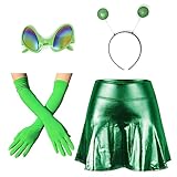 REU GLOBAL Space Alien Costume for Women, Holographic Skirt with Headband and Glasses Accessories Cosplay Dress