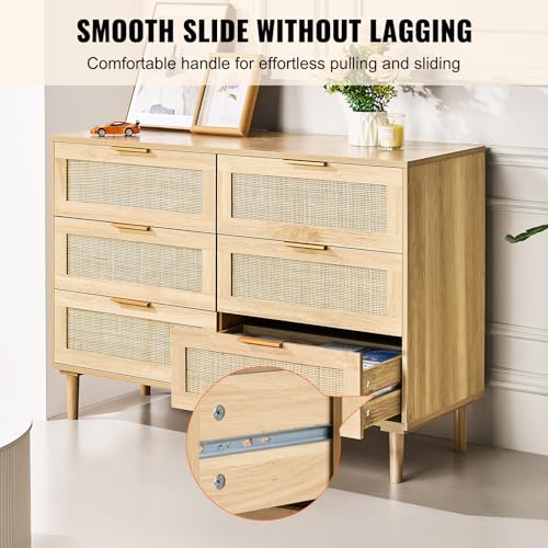 VEVOR 6 Drawer Rattan Dresser, Boho Dresser, Rattan Chest of Drawers with Spacious Storage, Natural Rattan Dresser for Bedroom, Living Room & Hallway,Rattan Nightstand with Sturdy Handles&Legs, Brown - Image 7