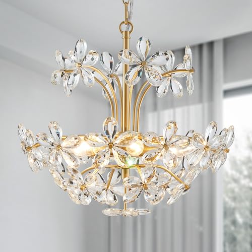 WUZUPS Crystal Chandelier Pendant Flushmount Ceiling Light Modern Lighting Fixture for Bedroom Hallway Bar Kitchen Bathroom, H 15.7" x W 17.7", Gold, E12 Base