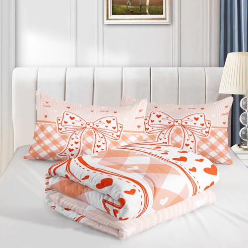Image of AILONEN Peach Gingham Comforter Queen 3-Piece Aesthetic Bowknot Bedding Orange Plaid Quilt Ultra Soft Microfiber Quilted Duvet Alternative Master Bedroom Decor Vibrant Apricot Blanket 2 Cases