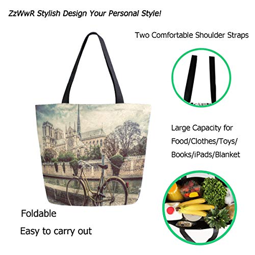 ZzWwR Vintage Paris Notre Dame Cathedral Seine River Bike Print Extra Large Canvas Shoulder Tote Top Storage Handle Bag for Gym Beach Weekender Travel Shopping
