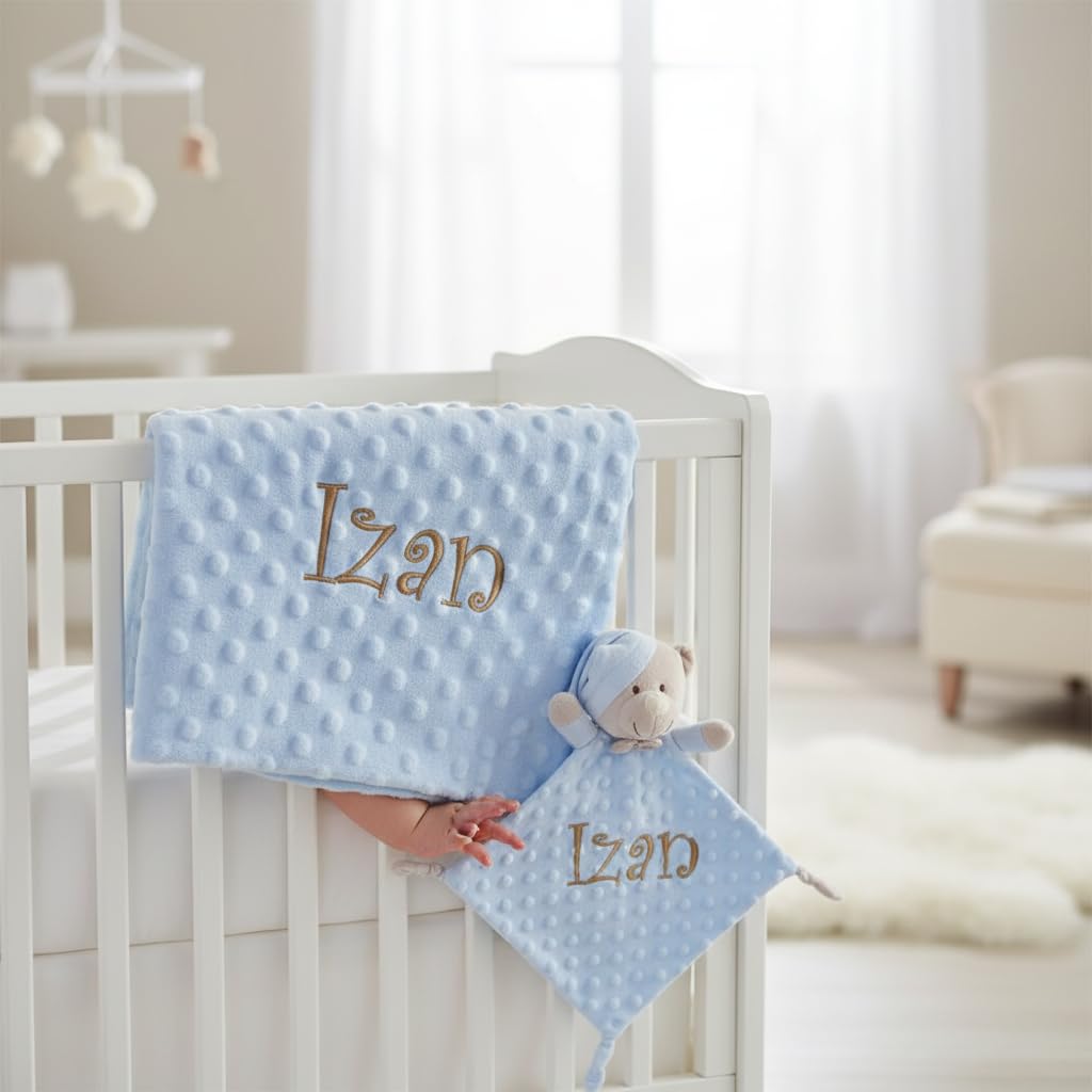 various Set Personalizada Manta + Dou Dou Bordado Bebe Recien Nacido Padres Primerizos Manta Suave Minky Poliester Cuna Coche Nina Nino Nombre Bordado Detalle Tierno Color Azul - 4