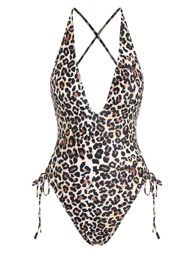 Image of ZAFUL Women Plunging One Piece Swimsuit Backless Cross Tie High Cut Thong One-Piece Bathing Suit