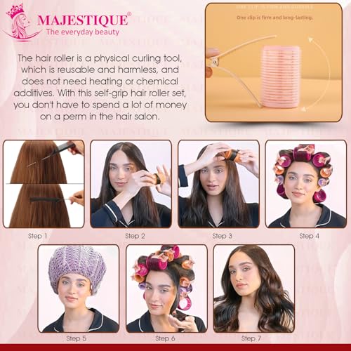 Image of Majestique Hair Curler Roller Kit with Reusable Shower Head Cap - Hair Roller Curler for Volume & Styling | Velcro Hair Rollers with Tail Comb & Clips | Heatless Hair Curler Set for Women | Hair Styling Tools 8Pcs Multicolour (Multicolor, Medium)