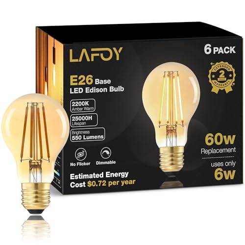 Image of Lafoy A19 E26 Amber Light Bulbs 2200K Soft Warm, Vintage LED Edison Bulbs 60 Watt Equivalent, Dimmable Antique Old-Fashioned Style 60W Replacement, 550 Lumen Medium Base Lightbulbs, 120V 6 Pack