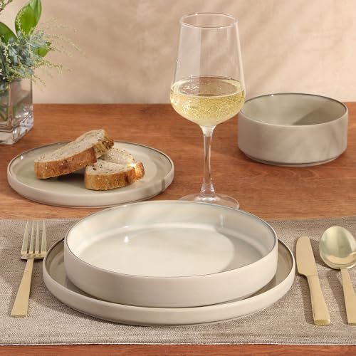 Image of Gibson Elite Liberty Bay 16-Piece Pottery Clay Stoneware Dinnerware Set - Taupe Reactive Glaze, Stackable Plates and Bowls W /Pasta Bowl, Service for 4 - Microwave & Dishwasher Safe