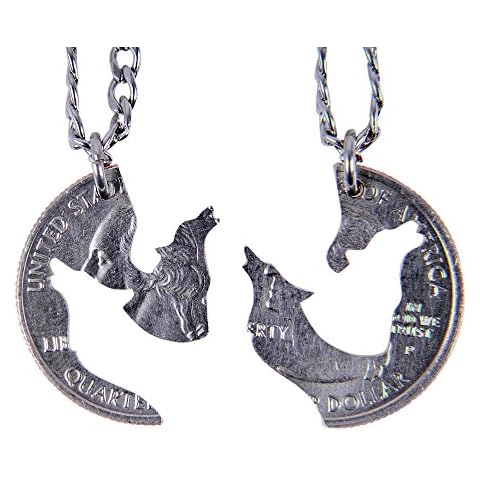 Marycrafts Hand Cut Coin Wolf Necklace Howling Wolves Best Friend Necklaces for 2 14" Cover