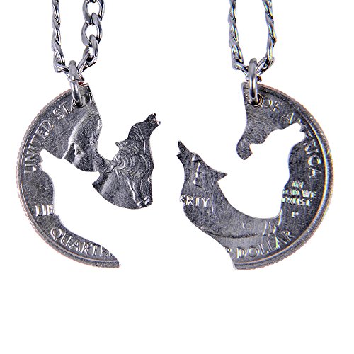 Marycrafts Set Hand Cut Coin Wolf Necklace Howling Wolves Necklace  Interlocking Necklace Jewelry Relationship BFF 18