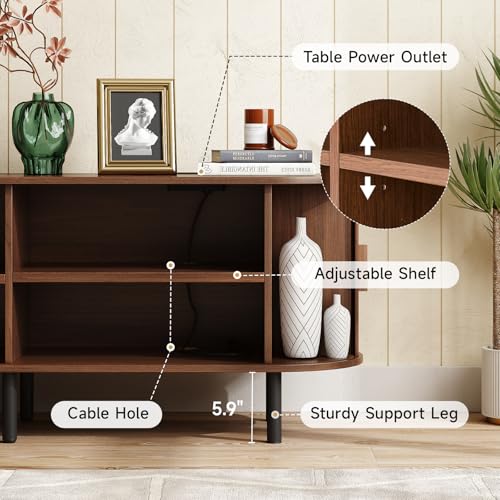 Image of ONBRILL 86.6 inch TV Stand with Power Outlet for TVs up to 90 Inch, Entertainment Center with Storage and Adjustable Shelves, Modern Media Console with Sliding Doors for Living Room, Walnut