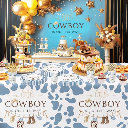 Image of Western Cowboy Baby Shower Tablecloth Decorations - Disposable Little Cowboy Baby Boy Table Decorations Tablecover, Wild West Rodeo Baby Shower Supplies Table Cloth - 3 Pack (54in x 108in)