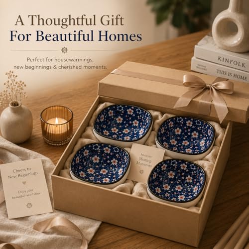 Image of Japanese Style Ceramic Dip Bowl Set of 6 | 200 ml Small Serving Bowls for Sauces, Snacks, Chutney & Desserts, Floral Blue Square Bowls | Porcelain Bowls for Kitchen & Dining (Midnight Sakura)