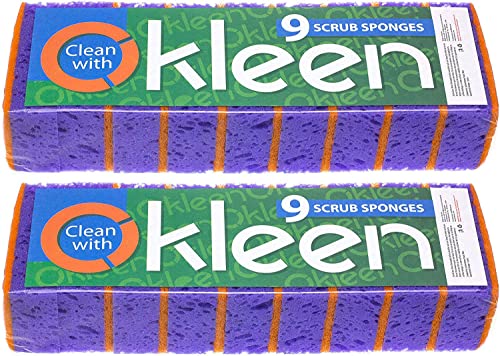 Image of Purple and Orange Multi Use Scrub Sponges. Made in Europe. 18 Pack, 4.3x2.8x1.4 inches. Heavy Duty & Non Scratch Fiber. Odorless, Durable, Delicate, Rinse Clean Violet Scrubber