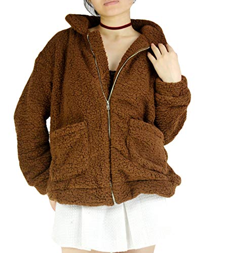 Women's Coat Loose Fuzzy Fleece Draped Faux Fur Winter Cardigan Outwear Coat w/Pockets XL,Brown