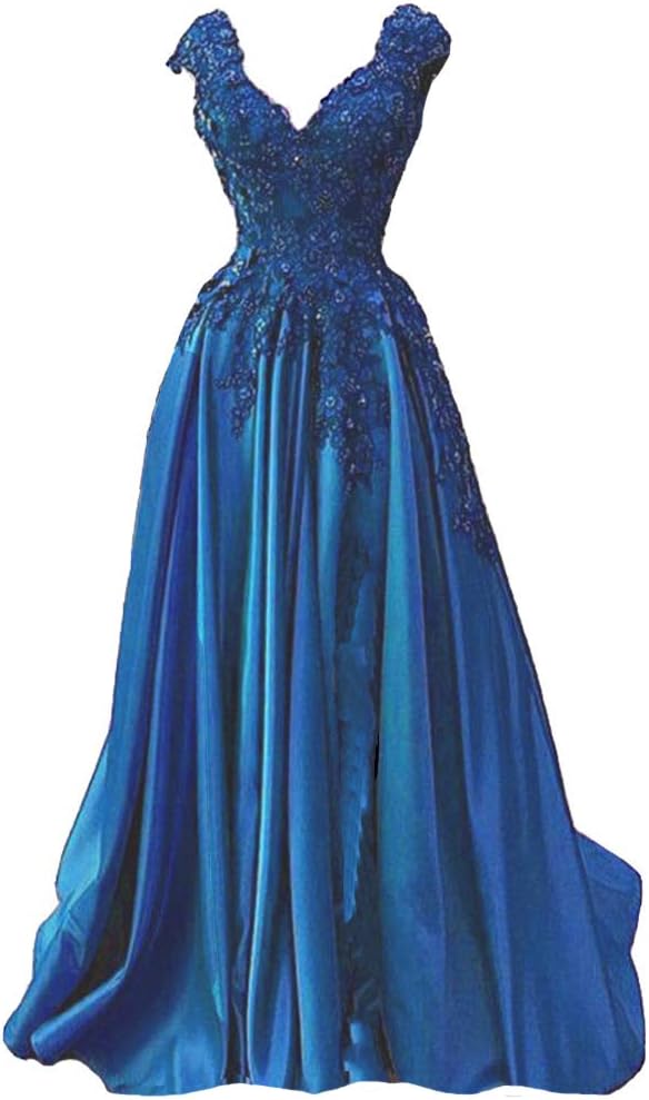 Lemai V Neck Beaded Lace Appliques Front Slit Long Formal Prom Evening Dresses