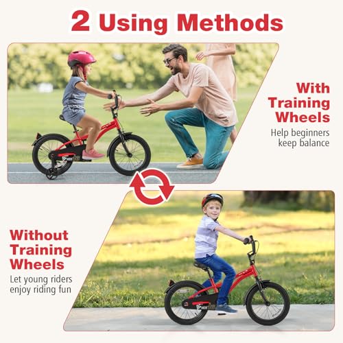 Image of BABY JOY Kids Bike, 12 14 16 18 Inches Sporty Bicycle with Training Wheels, Adjustable Seat, Handbrake & Coaster Brake, Reflectors, Girls Boys Bike for 3-8 Years Old Children