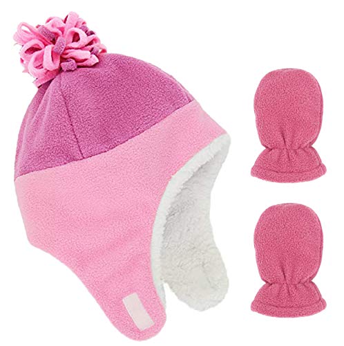 Toddler Boy Girls Fleece Hat Warm Earflap Kids Caps Winter Hat and Mitten Set for Baby