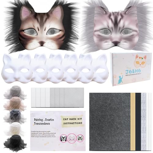 J6&H6 31 Pcs DIY Therian Mask Kit with Exclusive Funny Stickers, Blank Cat Mask,Fabric Sheet, Faux Fur and Eye Mesh Suitable for Christmas Ghost Role-Playing Parties(Grey)