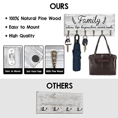 AHYS Key Holder Wall Mount Family Wall Decor Wooden Key Rack Hanger with 6 Hooks for Farmhouse Home Entryway Living Room Decor - Light Grey by AHYS - Image 4