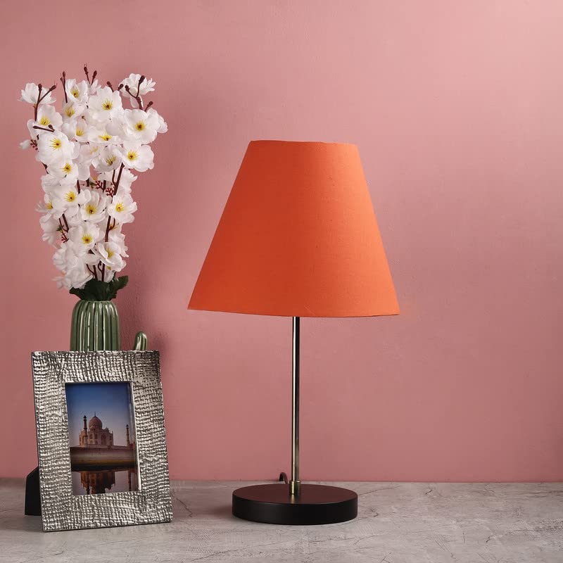 Image of Silver Table Lamp with Handmade Conical Orange Shade, Minimalist Design, for Couple Dinner /Coffee Table /Restaurant /Bedroom, On /Off Switch Long Wire