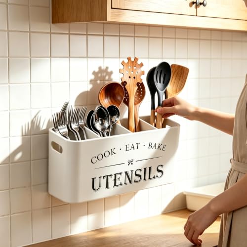 Image of Wooden Kitchen Utensil Holder Organizer for Counter or Countertop, Large Wooden Utensil Holder for Storage Cooking and Silverware with 4 Compartment,Rustic Wood Container Extra Large-white