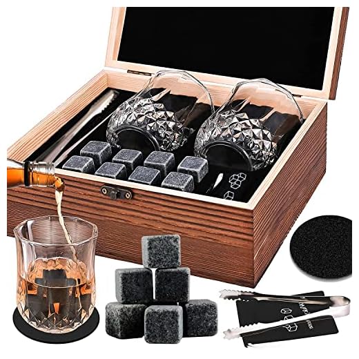 Piedras de Whisky, 8 Piedras para Enfriar, 2 Vasos, 2 Posavasos, 1 Caja de Madera, 1 Pinza para Hielo de Acero Inoxidable, 1Bolsa de Almacenamiento, para Papá, Esposo, Amigos (Madera)