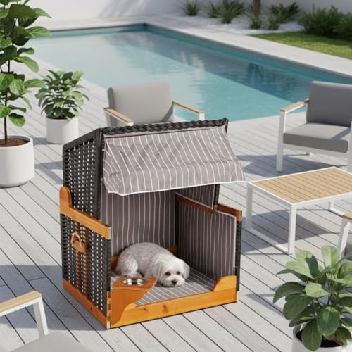 MR. DEKO Hundestrandkorb Wacholder PE Schwarz | Outdoorkörbchen Anthrazit | Hundehütte mit Dach | Katzenbett Sonnenschutz | Wassernapf schwenkbar | Strandkorb für Hunde