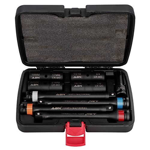 ABN 1/2in Drive Impact Socket Set Metric 17-22mm SAE 3/4-15/16in 9pc Lug Nut Torque Stick Extension Limiter 90-120 ft/lb