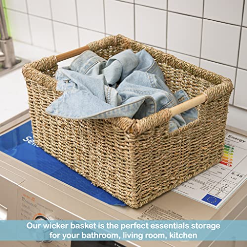 Large Wicker Basket Rectangular With Wooden Handles For Shelves, Seagrass Basket Storage, Natural Baskets For Organizing, Wicker Baskets For Storage - 3 Pack Large #TOP4