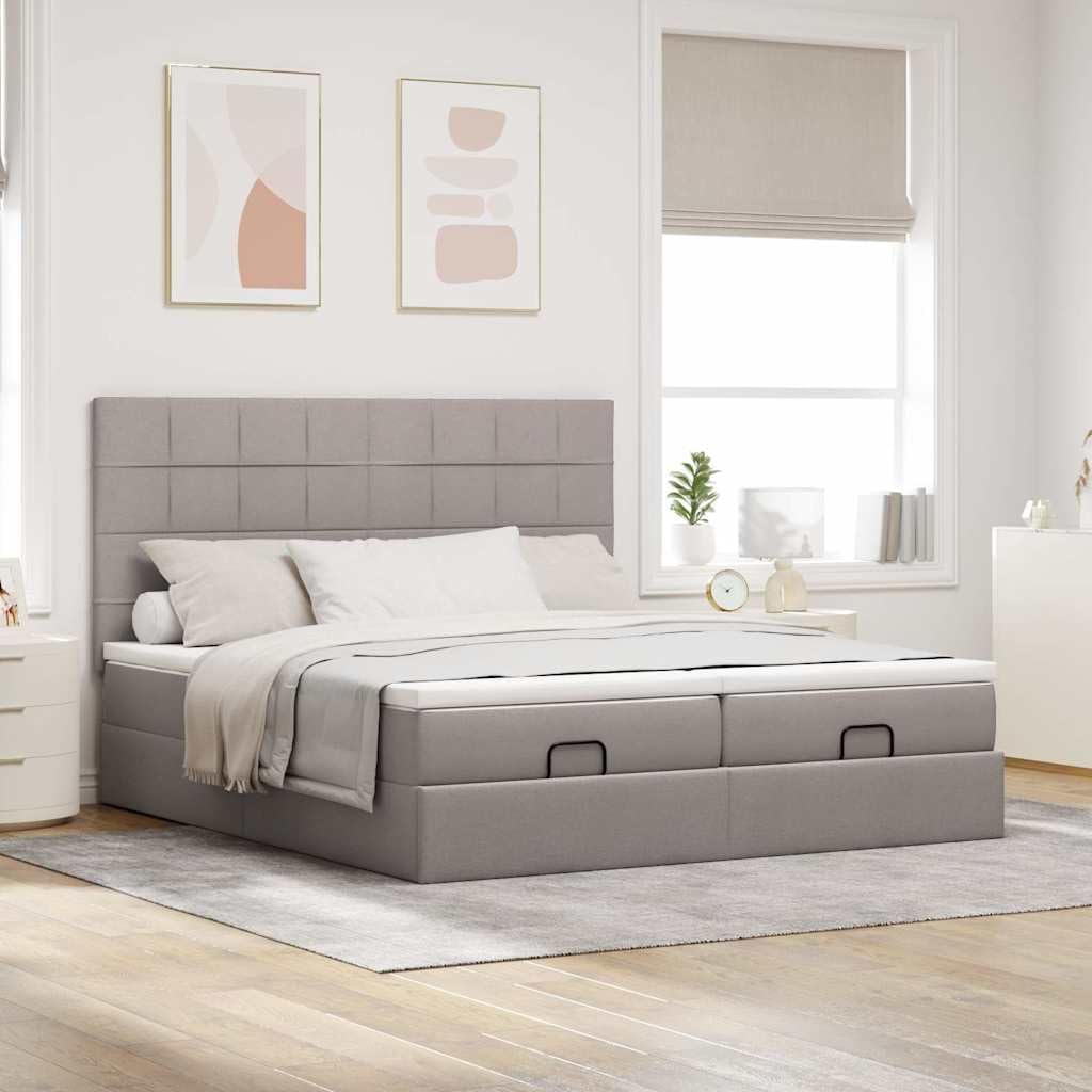 Łóżko otomana z materacem, kolor taupe 160 x 200 cm, obicie materiałowe, duża komora do przechowywania, materac ze sprężynami kieszeniowymi, nakładka na materac, idealna do sypialni