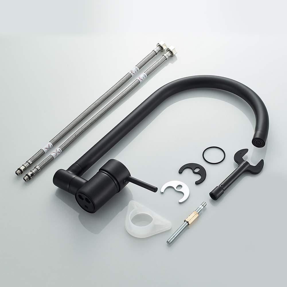 Ibergrif Grifo Cocina Fregadero Negro, Giratoria 360° y plegable 90°, Torneira Cozinha Agua Fría Y Caliente, Válvula Ahorradora, latón, para Fregadero de un Orificio, Fácil Instalación