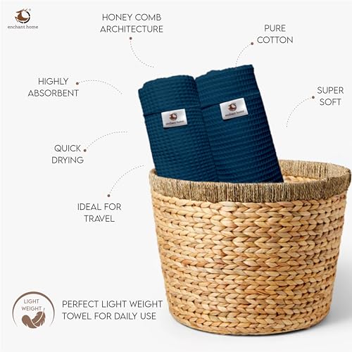 Image of Cotton Rich Waffle Towel | Lightweight | Anti Microbial and Water Absorbent | Soft Touch Quick Drying Hand Towels (Navy Blue, Pack of 4)