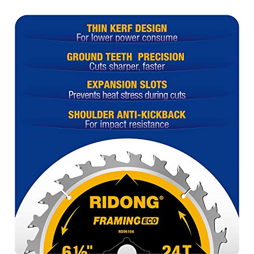 Ridong 6-1/2 Inch Circular Saw Blade, 24-Tooth With 5/8" Arbor Atb Framing Saw Blade For Cutting Wood (6.5" 5-Pack) #TOP2