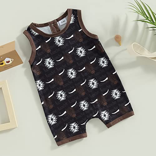 Thefound Western Baby Boys' One-Piece Rompers Cow Head/Cowboy Hat Print Crew Neck Jumpsuits Summer Breathable Clothes (Black Cattle Head, 6-9 Months) #TOP1