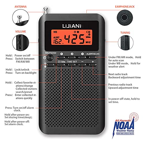 Rádio FM NOAA Weather AM portátil operado por 2 pilhas AA com fone de ouvido estéreo, visor LCD, des