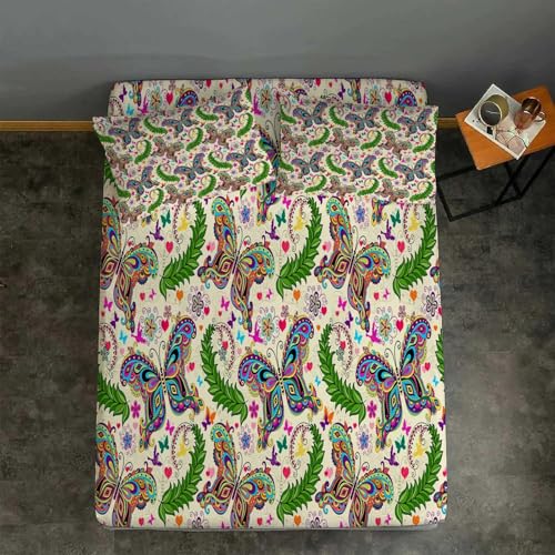 Sabana Bajera 160x200 Planta Sabanas Bajeras Estampadas Mariposa Sábana Bajera Ajustable Suaves, Elastico Funda Colchon con 2 Funda Almohada 50x80 cm, para Colchón de 30cm de Altura