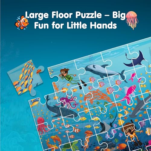 Image of 30 Pieces Floor Jigsaw Puzzle for Kids 3+ Years | Find The Fish & Coloring DIY Activity | Find The Character-Aqua Animals! Ocean Life | Educational Puzzle For Kids | Sea Animals Jigsaw Puzzles