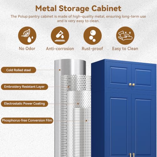 Image of Polup 90 inch Pantry Cabinet, Tall Metal Storage Cabinet with Doors and Shelves | Blue Kitchen Cabinet, 5 Adjustable Shelving, Heavy-Duty, 2 Gold Handles, 4 Standing Feet, for Dining Room Garage & Laundry