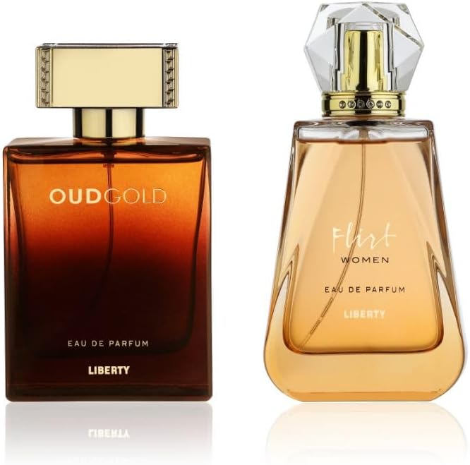 Set de regalo de perfume de lujo Liberty, Flirt & OudGold, eau de parfum de 100 ml | 100 ml, 3,4 oz cada uno, perfume para hombres y mujeres, diseñado en Francia, olor duradero, notas de oud, vainilla y sándalo