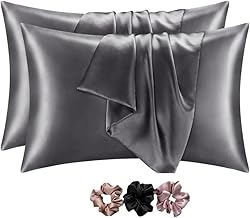 Pranika Satin Silk Pillow Covers Pack of 2 with 3 Satin Scrunchies | Pillowcases for Hair & Skin Care | Stylish Satin Pillow Covers & Silk Pillowcases for Women (Silver Gray)