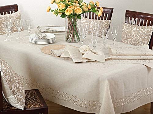 SARO LIFESTYLE 493.N1672B Swirling Collection Embroidered Design Linen Blend Table Runner, 80% polyester-20, Natural - Image 3