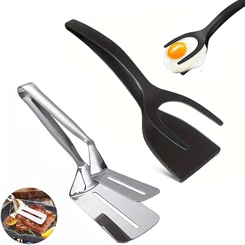 Kitchen Spatula Set of 2, Black Nylon Egg Flipper Turner- Pancake Spatula Stainless Steel, Dishwasher Safe, 2-Piece Multipurpose for Cooking, Breakfast and BBQ 2, Black and Silver