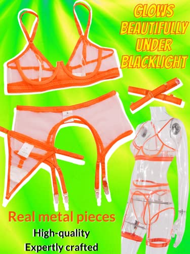 Kaei&Shi Glow in the Dark Lingerie,Underwire Fluorescent 4 Piece Sexy Lingerie for Women,Thigh Straps Matching High Waisted Garter Belt Lingerie Set Blacklight Neon Orange Large - Image 5